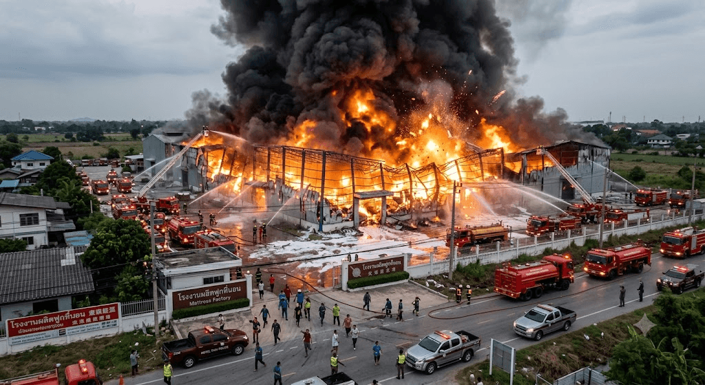 Massive Fire Engulfs Chinese-Owned Mattress Factory in Chonburi as Workers Flee