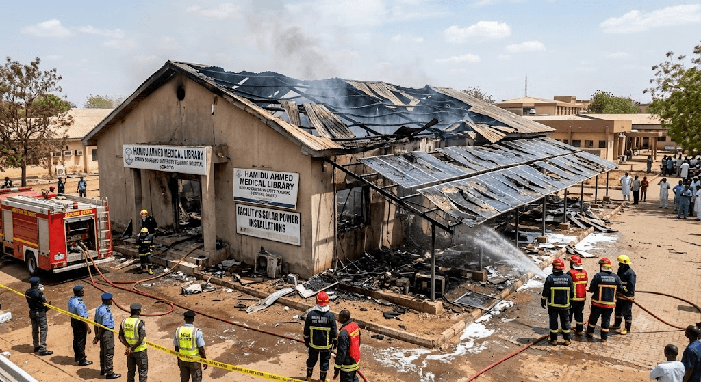 Sokoto Medical Library Blazes: Fire Destroys University Teaching Hospital Section and Solar Installations