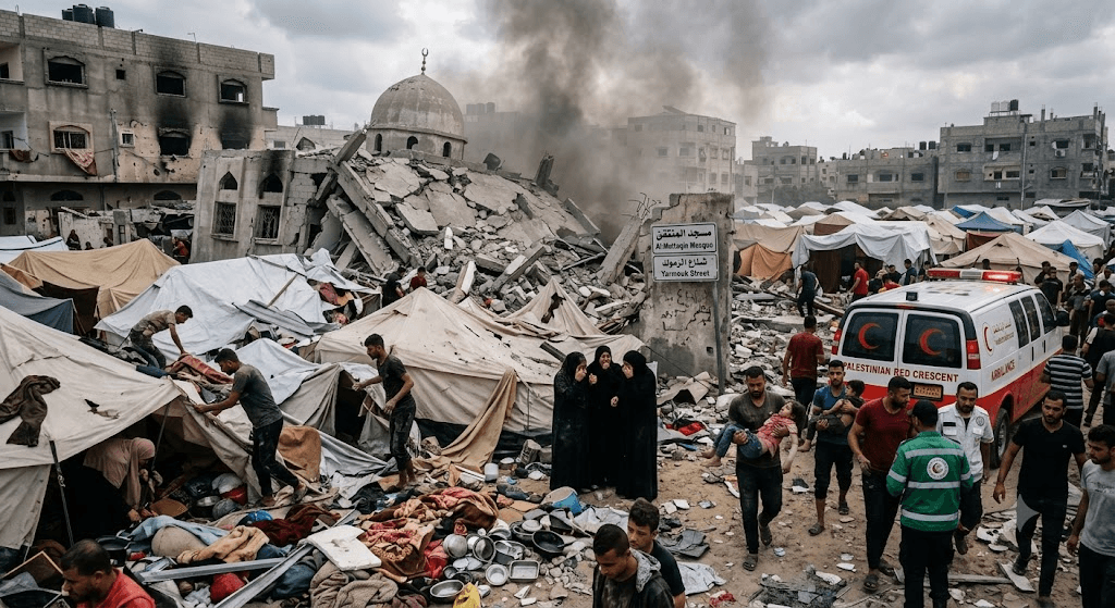 Central Gaza Tragedy: Israeli Airstrike Obliterates Mosque and Displaced Persons' Camp