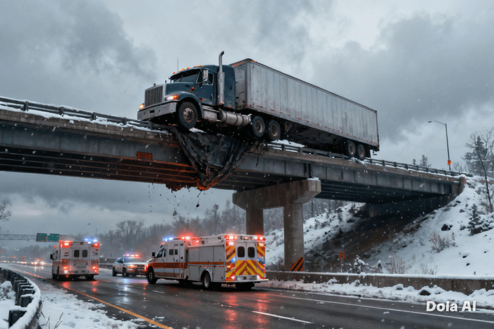 Suspended in Winter Silence: What a Dangling Truck Reveals About the Fragility of Motion