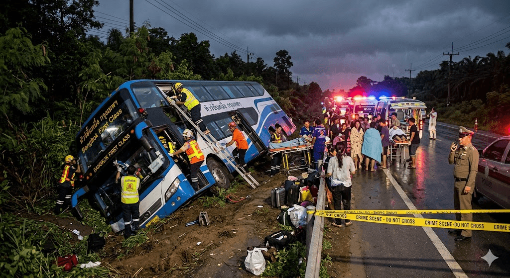 Highway Horror: 25 Injured as Bangkok-Bound First-Class Tour Bus Overturns in Phichit Highway Horror: 25 Injured as Bangkok-Bound First-Class Tour Bus Overturns in Phichit