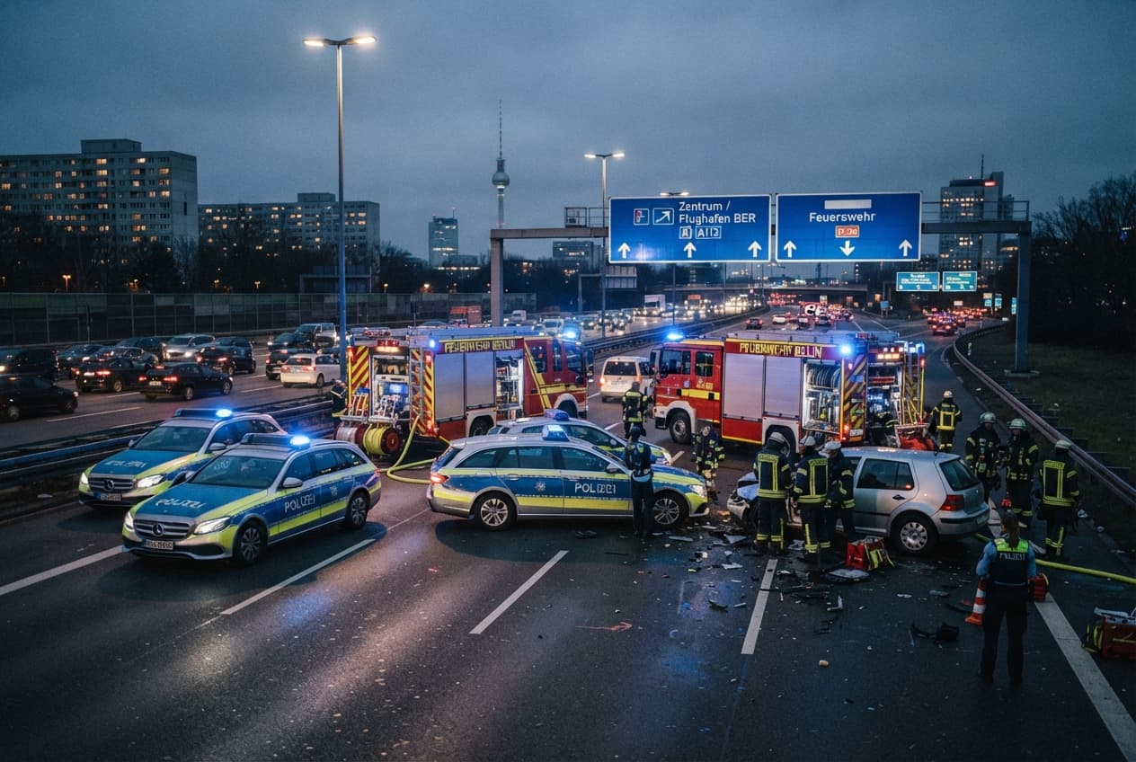 Highway Transport Crisis: Multi-Car Collision and Fuel Spill Block Berlin Autobahn Lanes Highway Transport Crisis: Multi-Car Collision and Fuel Spill Block Berlin Autobahn Lanes