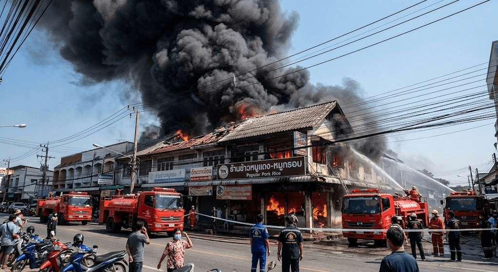 Blaze at Popular Rayong Eatery: Massive Fire Engulfs Muang Pork Rice Restaurant Blaze at Popular Rayong Eatery: Massive Fire Engulfs Muang Pork Rice Restaurant