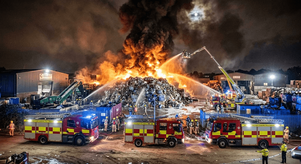 Midnight Blaze: Firefighters Battle Massive Recycling Center Fire as 500 Tonnes of Waste Ignites in Corby Midnight Blaze: Firefighters Battle Massive Recycling Center Fire as 500 Tonnes of Waste Ignites in Corby
