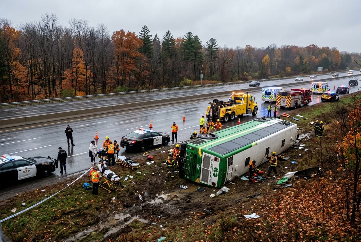 Canada Bus Crash Injures Seven in Slick Conditions: Intercity Coach Skids Off Roadway as Ice Forms Overnight Canada Bus Crash Injures Seven in Slick Conditions: Intercity Coach Skids Off Roadway as Ice Forms Overnight