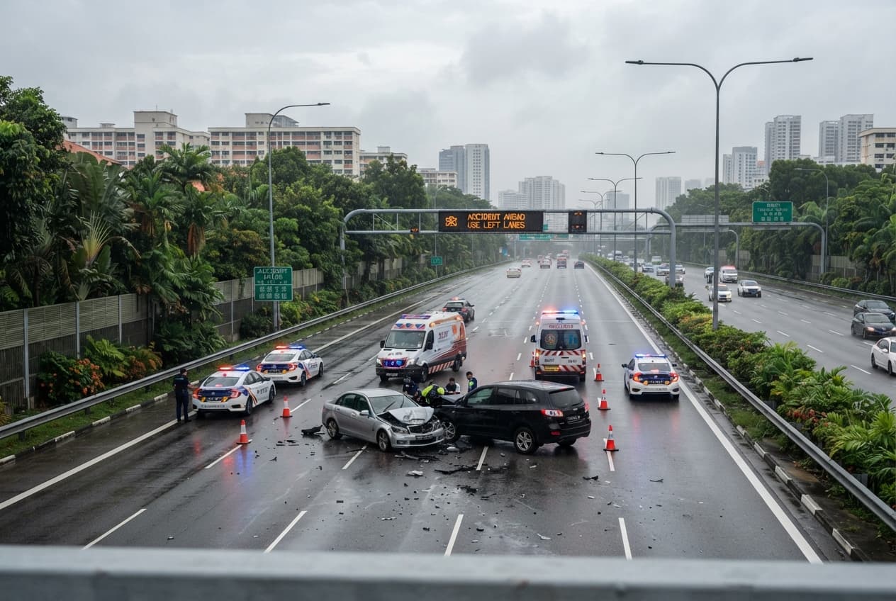Heavy Rain Hazard: Fatal Multi-Vehicle Crash Disrupts Morning Traffic on the Pan Island Expressway Heavy Rain Hazard: Fatal Multi-Vehicle Crash Disrupts Morning Traffic on the Pan Island Expressway