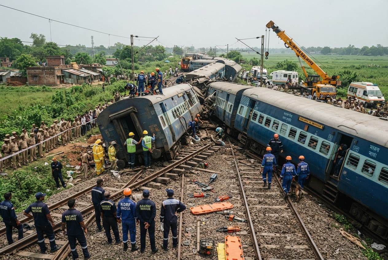 Railway Disaster Strikes: Express Train Derails in Eastern India Due to Track Obstruction Leaving Three Dead Railway Disaster Strikes: Express Train Derails in Eastern India Due to Track Obstruction Leaving Three Dead