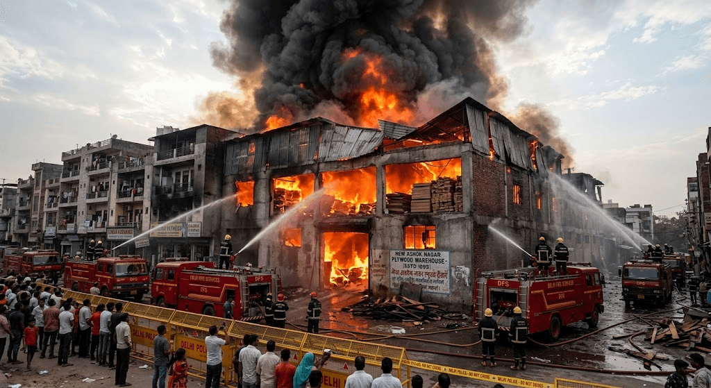 Massive Blaze Engulfs Plywood Warehouse in East Delhi's New Ashok Nagar Massive Blaze Engulfs Plywood Warehouse in East Delhi's New Ashok Nagar