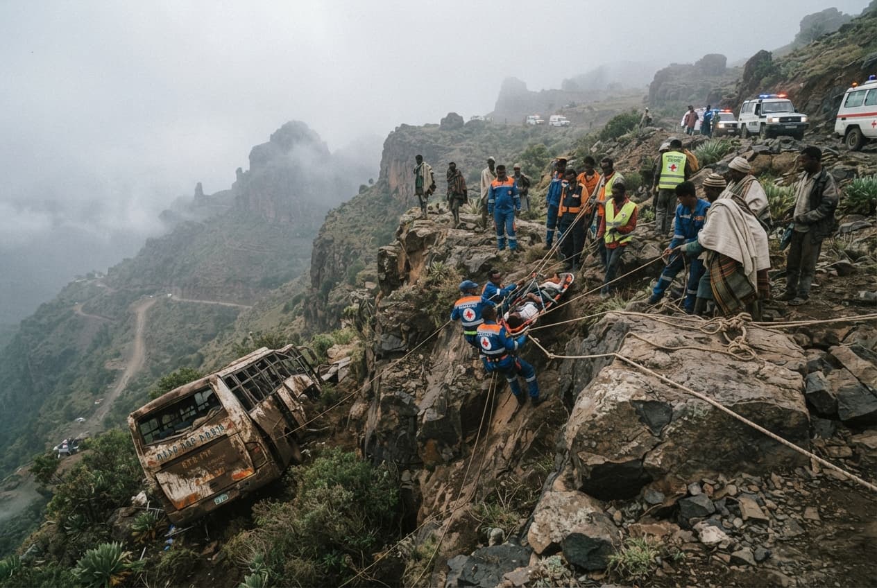 Passenger Bus Veers Off Mountain Road: Eleven Dead in Ethiopian Gorge Plunge Passenger Bus Veers Off Mountain Road: Eleven Dead in Ethiopian Gorge Plunge