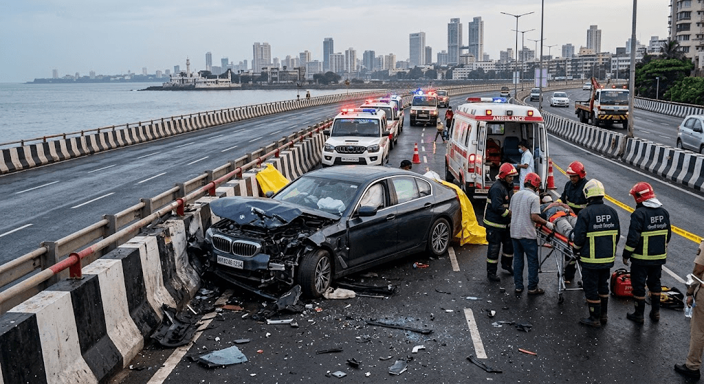 Speeding BMW Crashes on Mumbai’s Coastal Road: 3 Dead, 1 Fighting for Life Speeding BMW Crashes on Mumbai’s Coastal Road: 3 Dead, 1 Fighting for Life