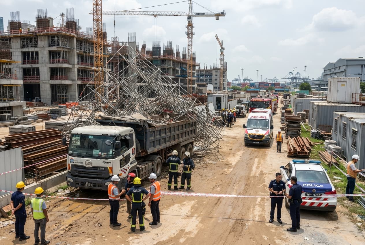 Fatal Industrial Mishap: Scaffolding Collapse Crushes Lorry Driver at Jurong Port Construction Site Fatal Industrial Mishap: Scaffolding Collapse Crushes Lorry Driver at Jurong Port Construction Site