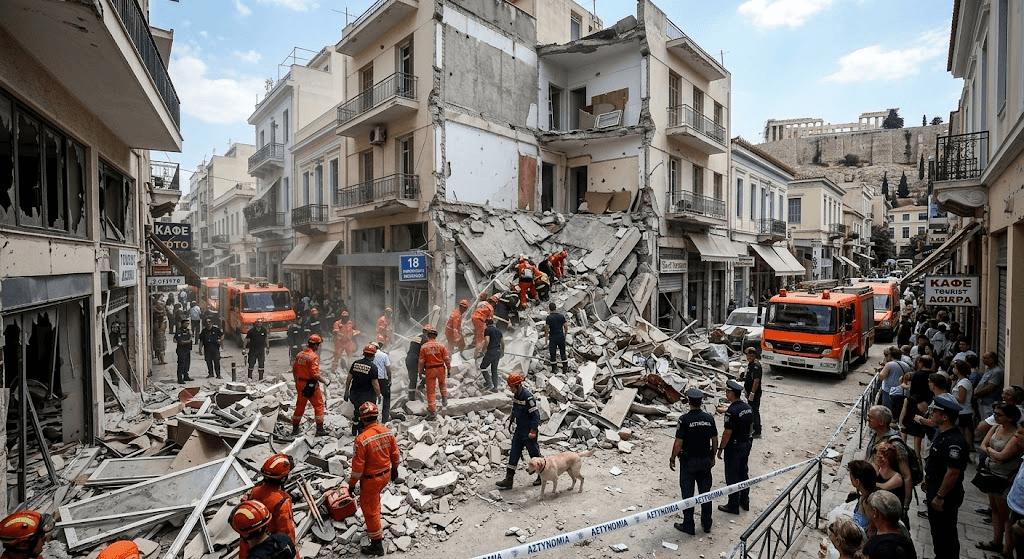 1 Dead, 5 Missing: Sudden Explosion and Building Collapse Shock Central Athens Tourist District 1 Dead, 5 Missing: Sudden Explosion and Building Collapse Shock Central Athens Tourist District