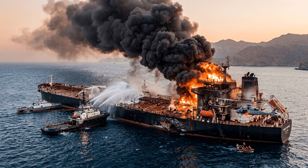 Supertanker Ignites in Strait of Hormuz After Double Mine Strike Supertanker Ignites in Strait of Hormuz After Double Mine Strike
