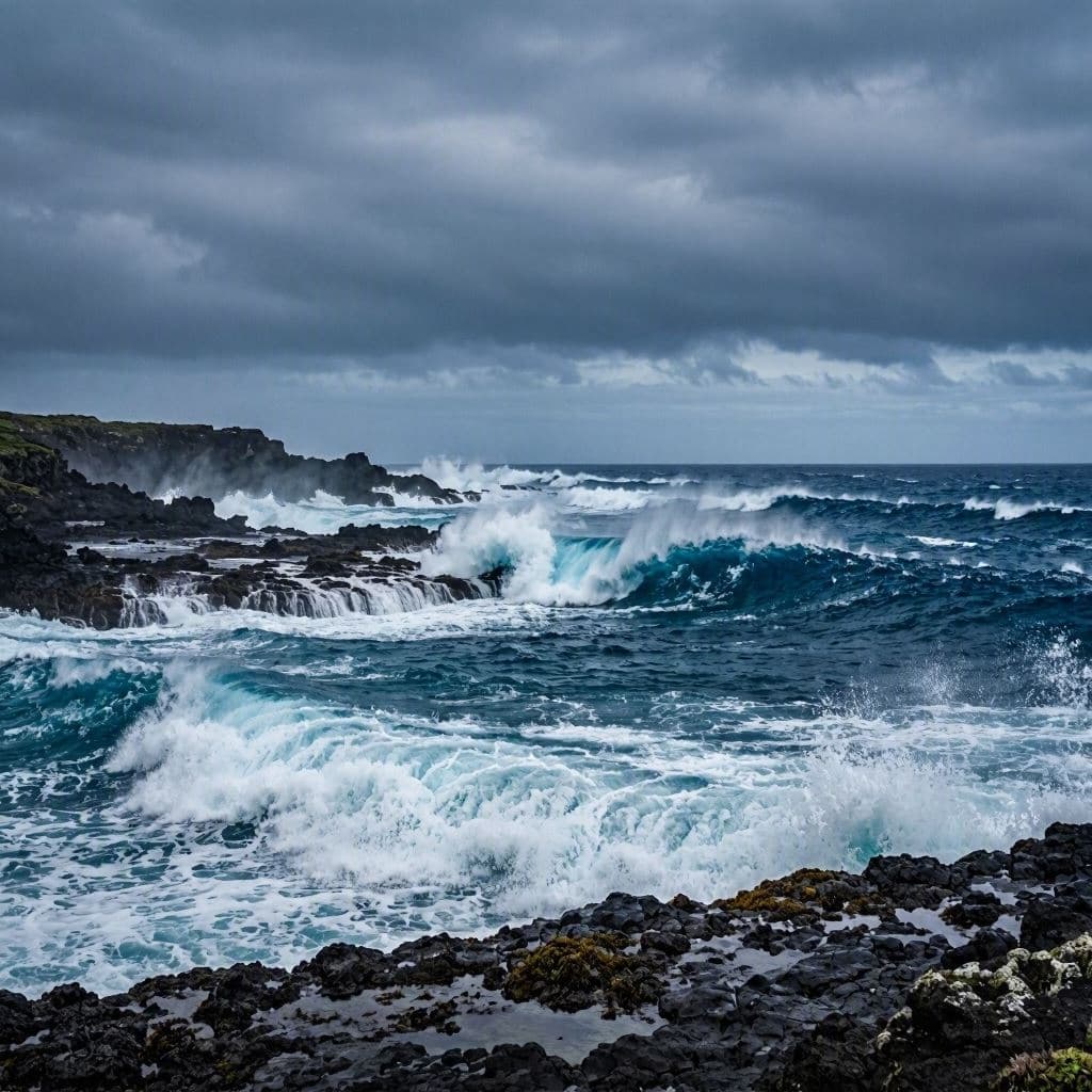 The horizon darkens with approaching storm clouds. The horizon darkens with approaching storm clouds.