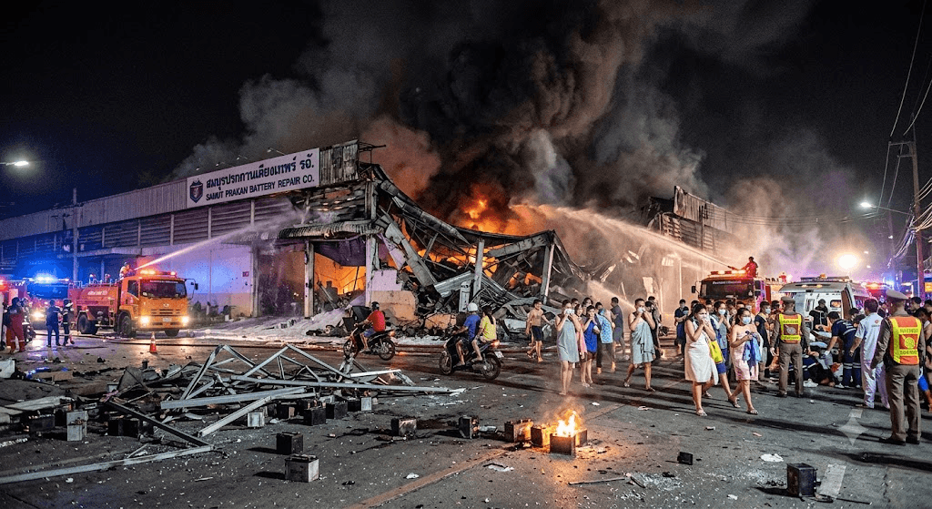 Midnight Explosions: Terrifying Fire Rips Through Samut Prakan Battery Warehouse Midnight Explosions: Terrifying Fire Rips Through Samut Prakan Battery Warehouse
