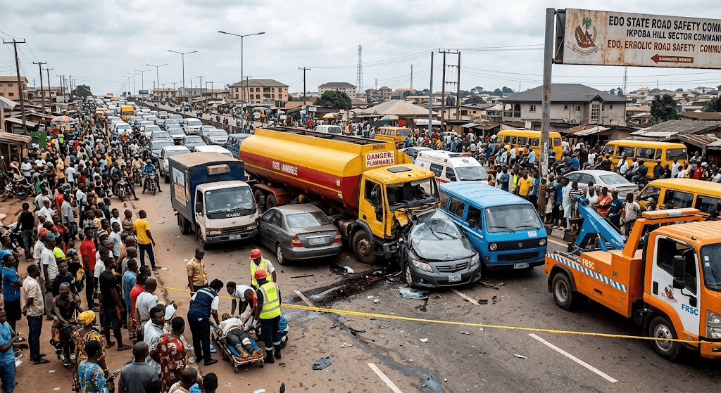 5 Injured as 6-Vehicle Pileup Involving Tanker Causes Chaos on Ikpoba Hill 5 Injured as 6-Vehicle Pileup Involving Tanker Causes Chaos on Ikpoba Hill