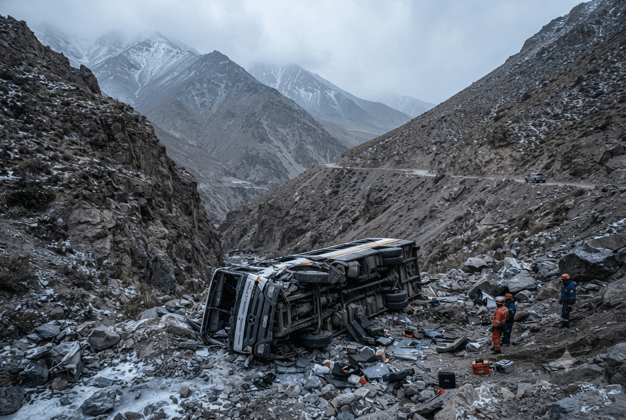 Deadly Mountain Bus Crash: Icy Road Conditions Cause Mining Transport Vehicle to Skid, Claiming Four Lives Deadly Mountain Bus Crash: Icy Road Conditions Cause Mining Transport Vehicle to Skid, Claiming Four Lives