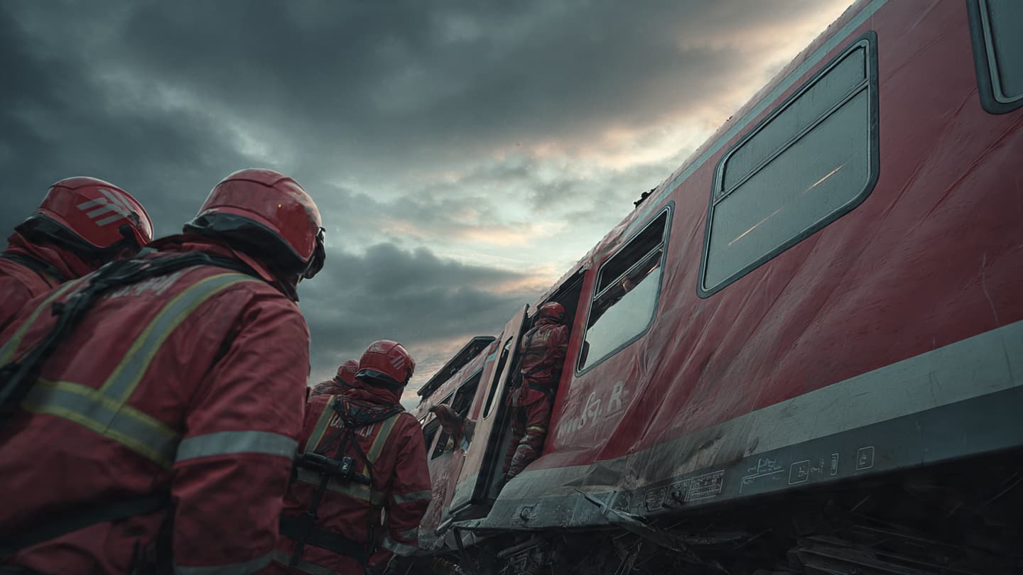 Between Rain-Soaked Tracks And Silent Carriages, Emergency Crews Worked Near Stuttgart Throughout The Evening Recently Between Rain-Soaked Tracks And Silent Carriages, Emergency Crews Worked Near Stuttgart Throughout The Evening Recently