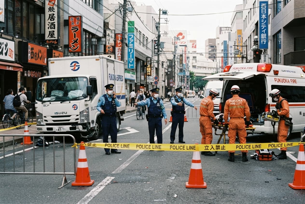 City Street Tragedy, Japan: Two Pedestrians Struck and Killed by Heavy Delivery Truck Experiencing Brake Failure in Fukuoka City Street Tragedy, Japan: Two Pedestrians Struck and Killed by Heavy Delivery Truck Experiencing Brake Failure in Fukuoka