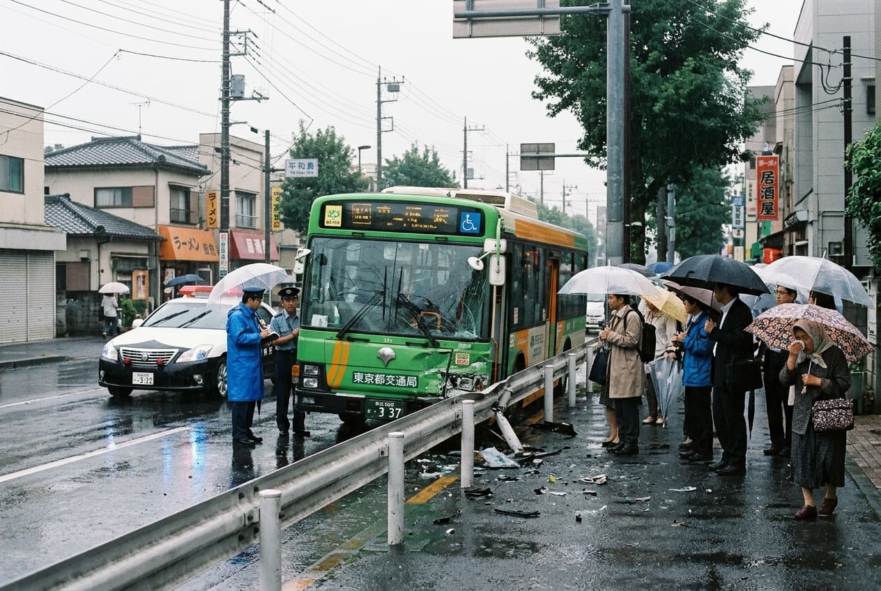 Bus Slams Guardrail in Tokyo Suburbs: Rainy Skid Leaves Two Injured, Commuters Stranded, Traffic Blocked Bus Slams Guardrail in Tokyo Suburbs: Rainy Skid Leaves Two Injured, Commuters Stranded, Traffic Blocked