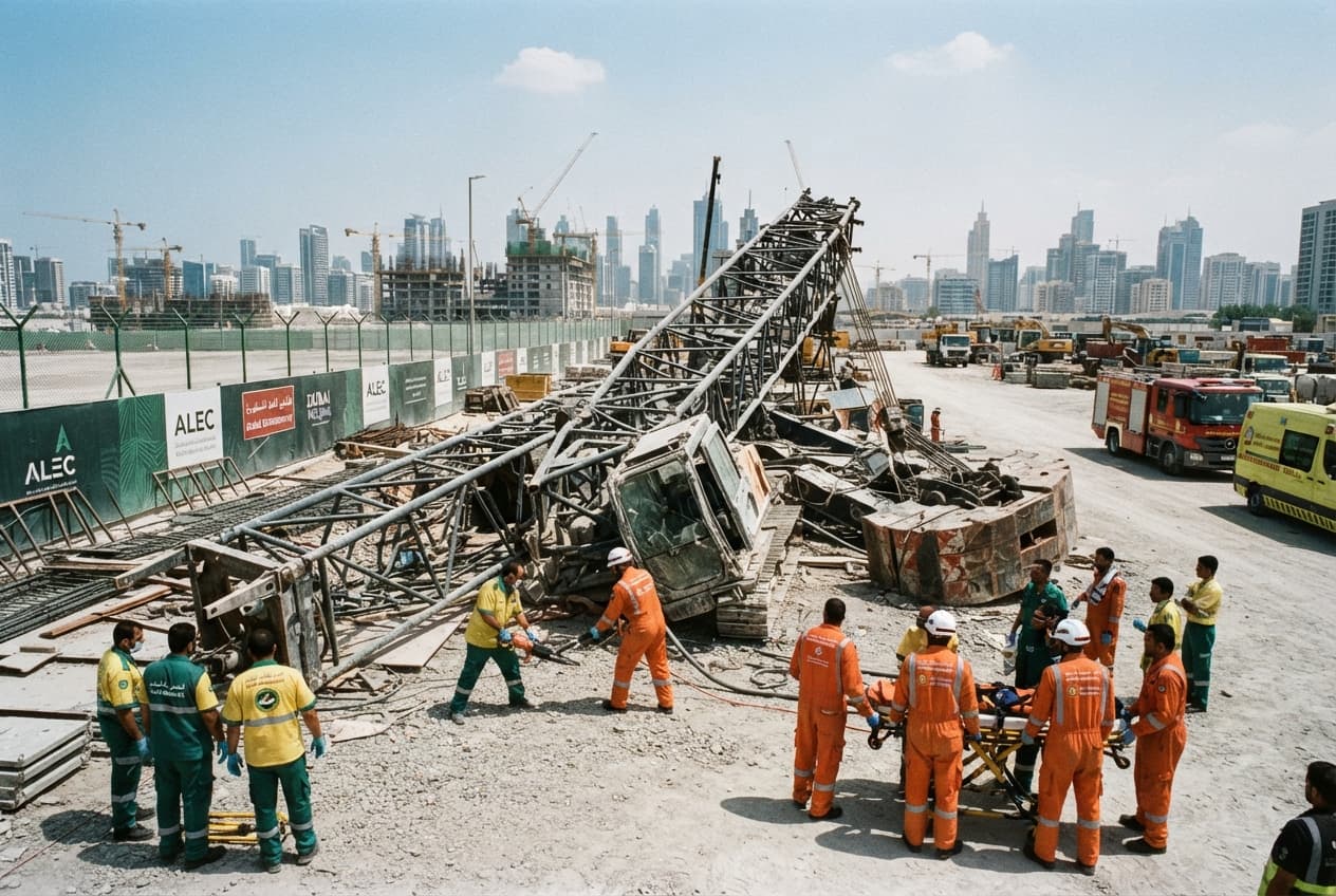 Heavy Construction Crane Collapses in Dubai Industrial Area Injuring Four Structural Workers Heavy Construction Crane Collapses in Dubai Industrial Area Injuring Four Structural Workers