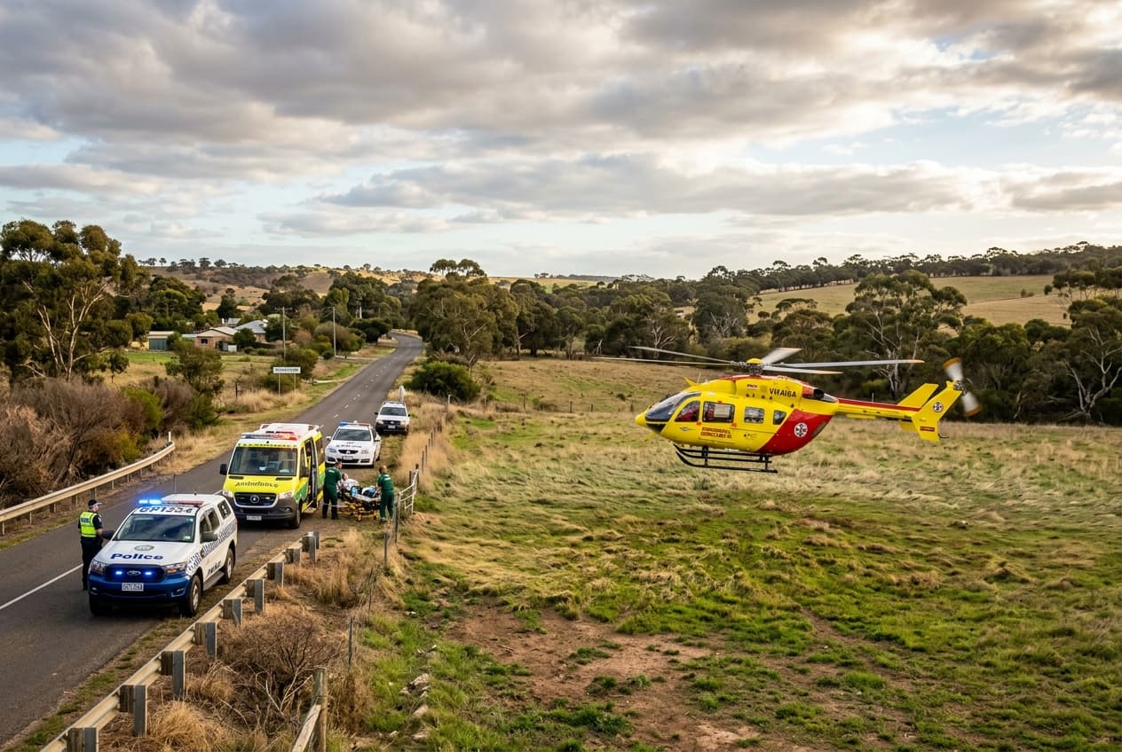 Forreston Road Crash Sees Passenger Airlifted: SA Police Confirm Injuries Non-Life-Threatening, Investigation Underway Forreston Road Crash Sees Passenger Airlifted: SA Police Confirm Injuries Non-Life-Threatening, Investigation Underway