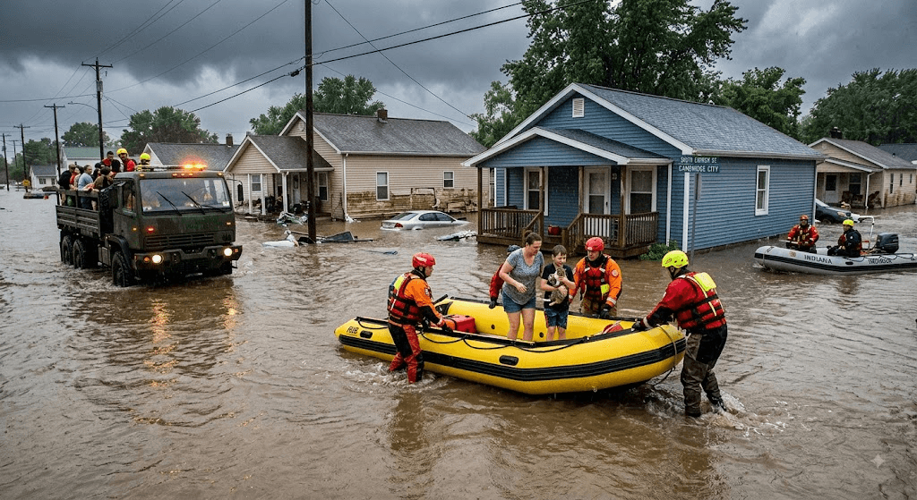 Rising Waters, Swift Rescues: Rising Floods Submerge Homes in Cambridge City, Indiana Rising Waters, Swift Rescues: Rising Floods Submerge Homes in Cambridge City, Indiana