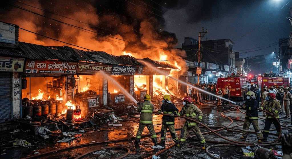 Tragedy in Noida: 1 Dead as Massive Fire Engulfs 6 Shops; LPG Cylinders Found at Scene Tragedy in Noida: 1 Dead as Massive Fire Engulfs 6 Shops; LPG Cylinders Found at Scene