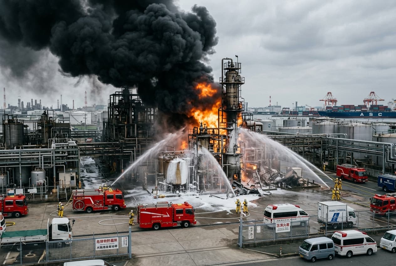 Blast at Osaka Factory: Explosion and Chemical Blaze Leaves Four Workers Severely Burned, Area Evacuated Blast at Osaka Factory: Explosion and Chemical Blaze Leaves Four Workers Severely Burned, Area Evacuated