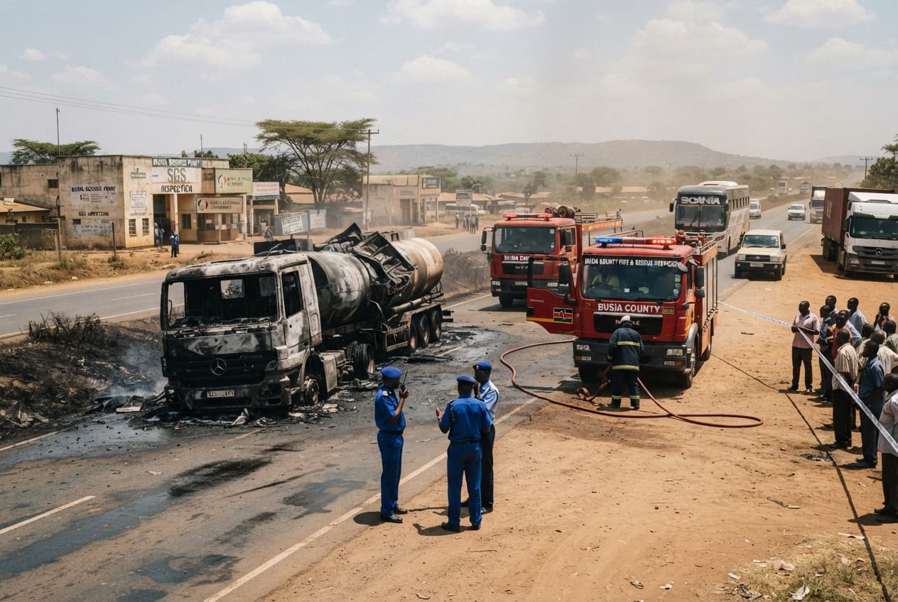 Busia Border Region Disaster: Fuel Tanker Overturn and Subsequent Fire Claims Five Lives Busia Border Region Disaster: Fuel Tanker Overturn and Subsequent Fire Claims Five Lives