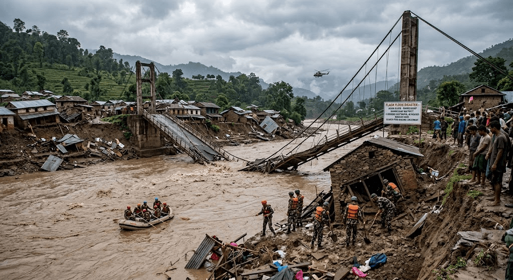 Flash Flood Devastates Nepal: 40 Houses and 6 Bridges Swept Away, Up to 10 Missing Flash Flood Devastates Nepal: 40 Houses and 6 Bridges Swept Away, Up to 10 Missing