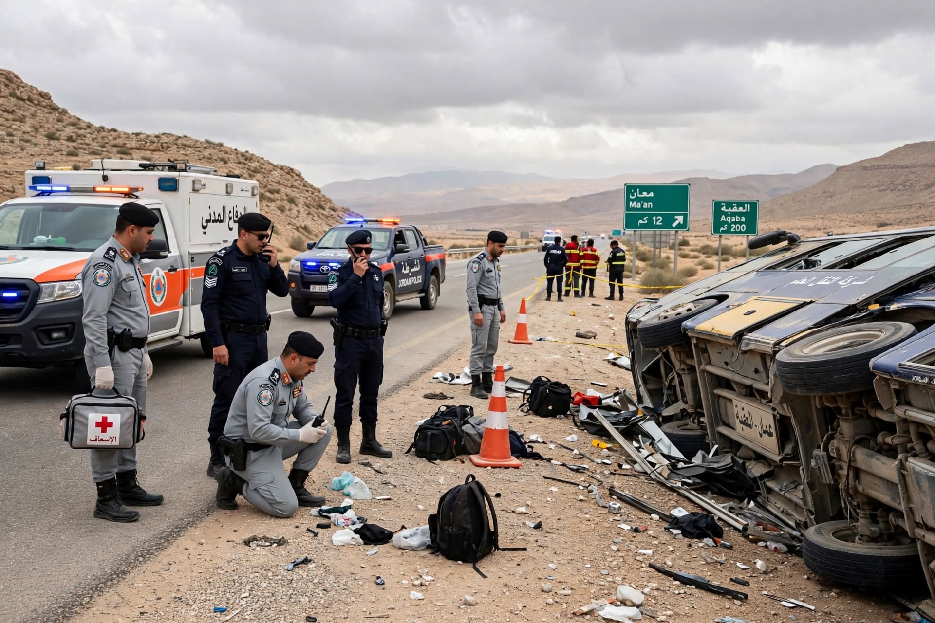 Eighteen Passengers Injured After Bus Overturns On Desert Highway Linking Amman And Aqaba, Emergency Crews Deployed Eighteen Passengers Injured After Bus Overturns On Desert Highway Linking Amman And Aqaba, Emergency Crews Deployed
