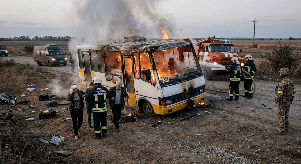 Russian Drone Strike Hits Passenger Bus Near Southeastern Ukraine Frontline, Leaving 5 Dead Russian Drone Strike Hits Passenger Bus Near Southeastern Ukraine Frontline, Leaving 5 Dead