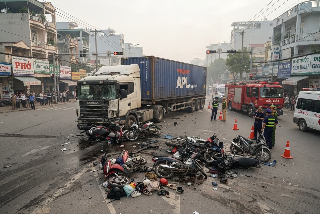 Thu Duc City Crash: Speeding Container Truck Loses Control at Busy Intersection and Kills Two Motorbikers Thu Duc City Crash: Speeding Container Truck Loses Control at Busy Intersection and Kills Two Motorbikers