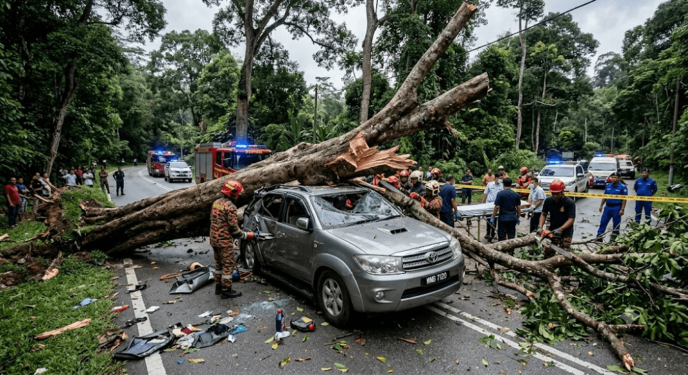 Tragedy on the Road: Falling Tree Crushes SUV in Bentong, Claiming 4 Lives of Single Family Tragedy on the Road: Falling Tree Crushes SUV in Bentong, Claiming 4 Lives of Single Family