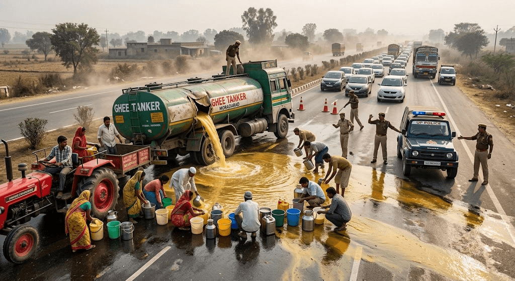 Slippery Chaos: Ghee Tanker Overturns on Delhi-Lucknow Highway in Moradabad Slippery Chaos: Ghee Tanker Overturns on Delhi-Lucknow Highway in Moradabad