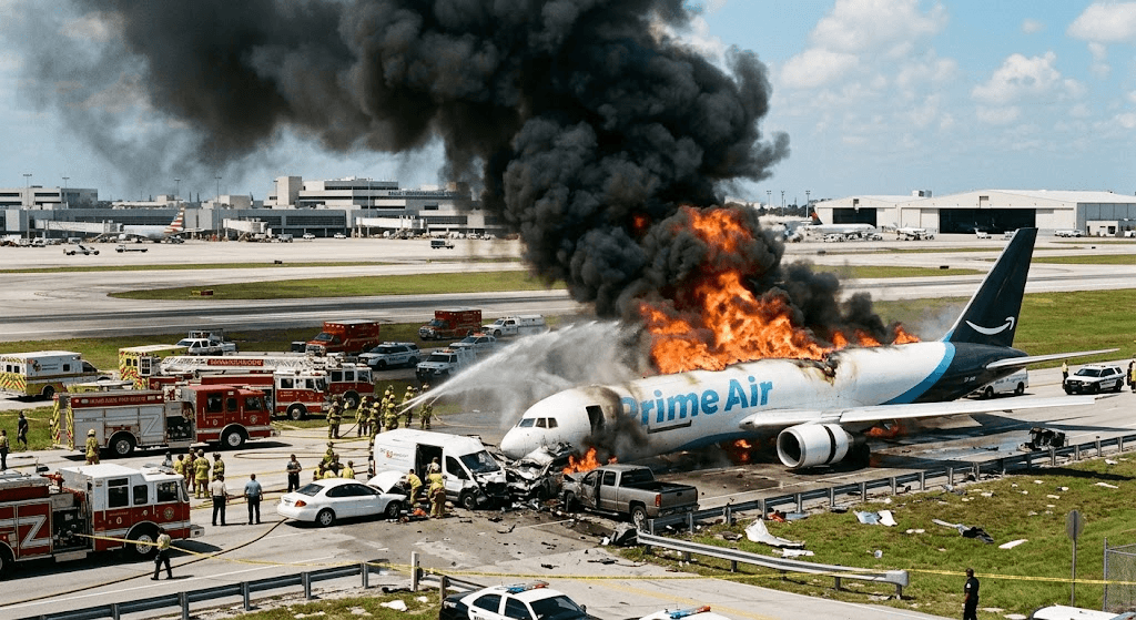 Fatal Crash at Miami Airport: Amazon Cargo Plane Overshoots Runway and Bursts into Flames Fatal Crash at Miami Airport: Amazon Cargo Plane Overshoots Runway and Bursts into Flames