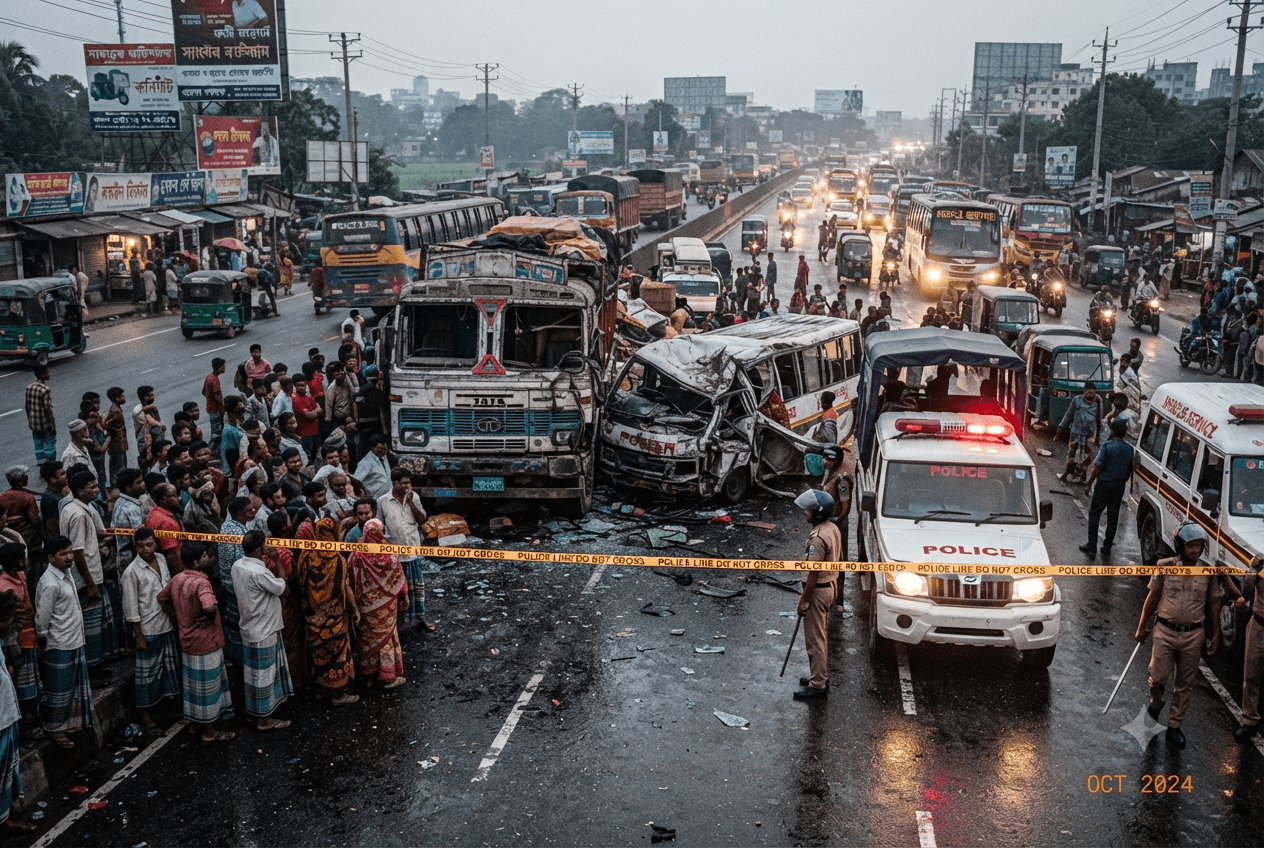 Fatal Highway Collision Claims Life: Multi-Vehicle Crash Disrupts Traffic on Major Bangladeshi Route Fatal Highway Collision Claims Life: Multi-Vehicle Crash Disrupts Traffic on Major Bangladeshi Route