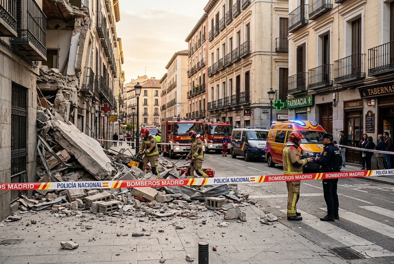Building Facade Collapses Onto Busy Sidewalk In Madrid, Five Pedestrians Injured Today Building Facade Collapses Onto Busy Sidewalk In Madrid, Five Pedestrians Injured Today