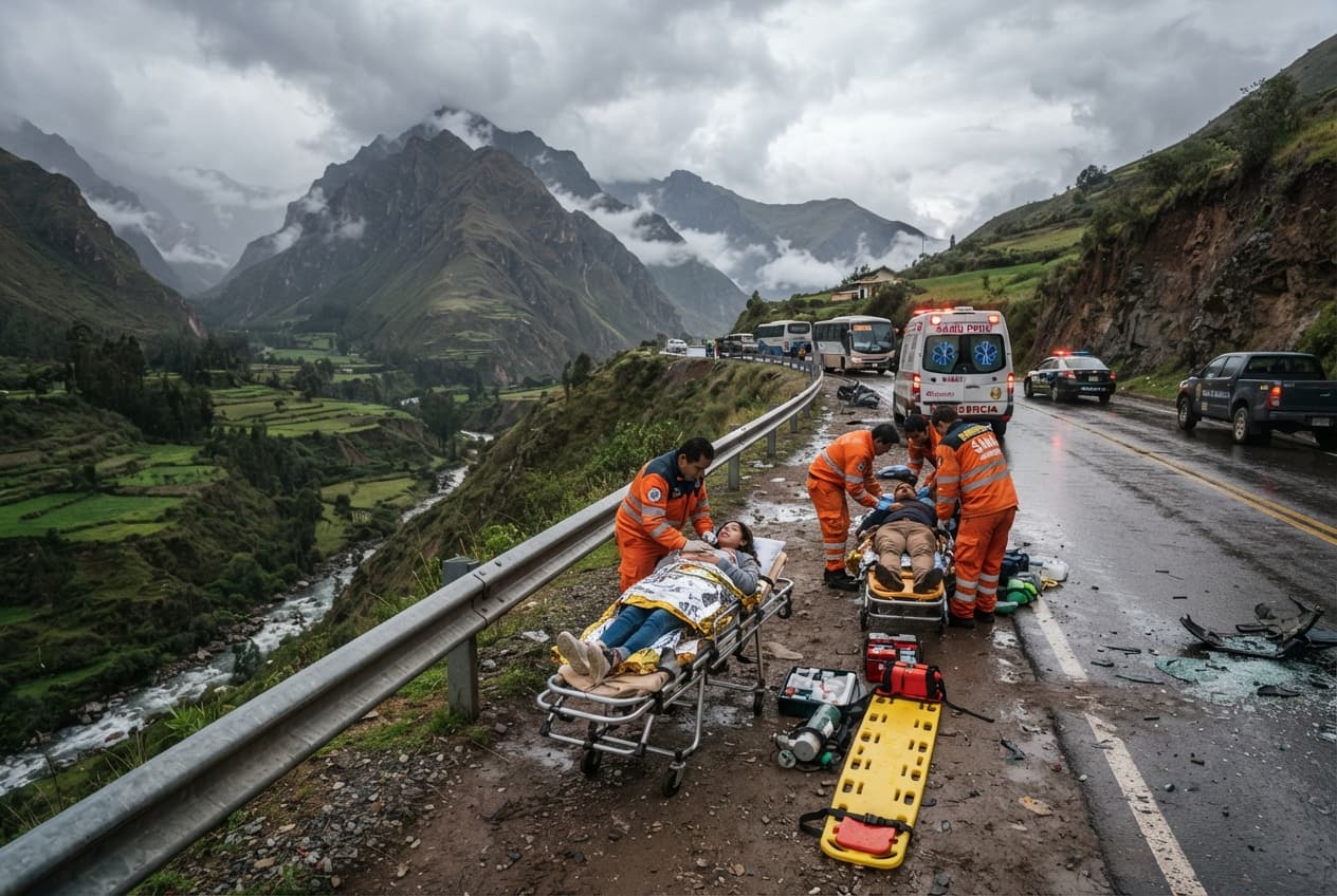 Bus Skids Off Wet Roadway in Loja: Interprovincial Transport Crash Triggers Emergency Response Bus Skids Off Wet Roadway in Loja: Interprovincial Transport Crash Triggers Emergency Response