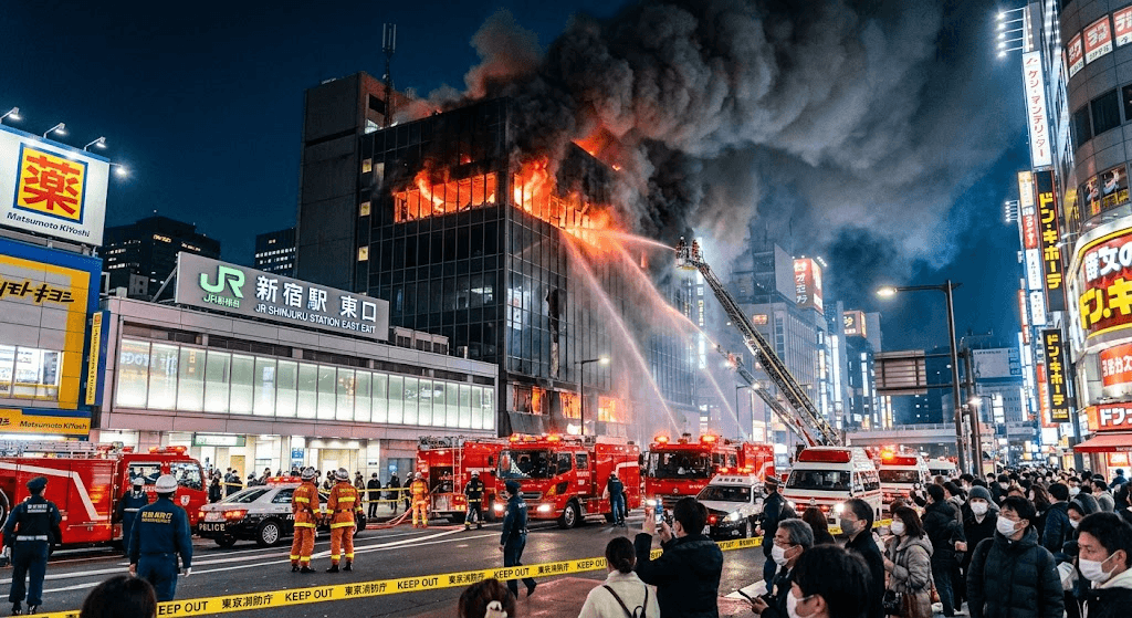 Nighttime Terror in Tokyo: Fire Breaks Out in 8-Story Building Near Busy Shinjuku Station Exit Nighttime Terror in Tokyo: Fire Breaks Out in 8-Story Building Near Busy Shinjuku Station Exit