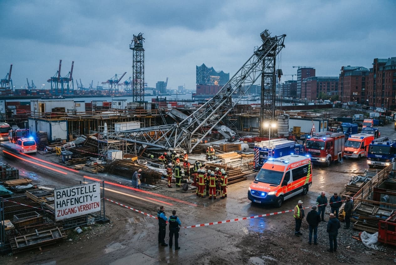 Port District Accident: Falling Construction Crane Machinery Kills Worker Instantly In Hamburg Port District Accident: Falling Construction Crane Machinery Kills Worker Instantly In Hamburg
