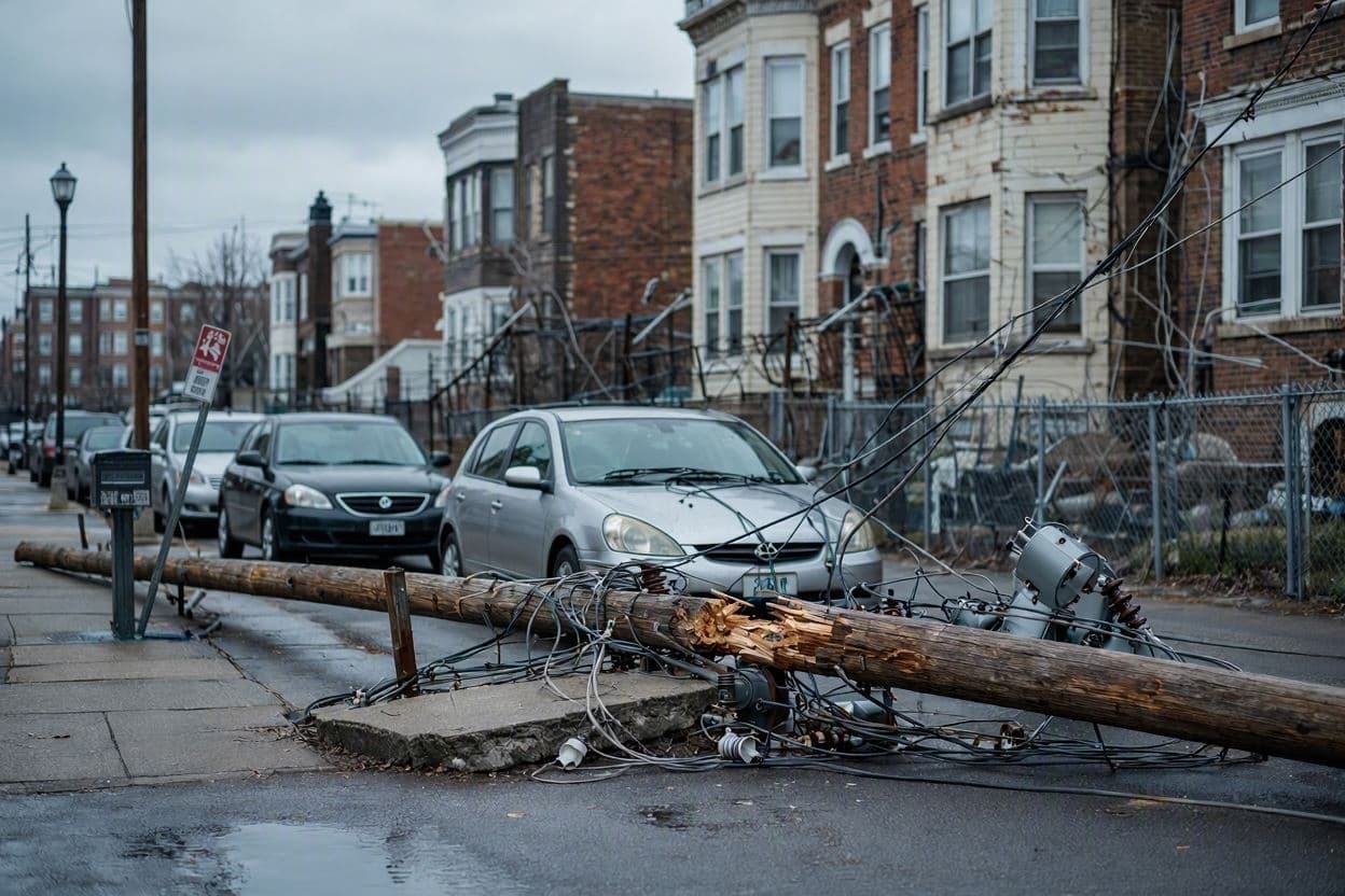 Strong winds topple street pole in Hobart during wild weather Strong winds topple street pole in Hobart during wild weather