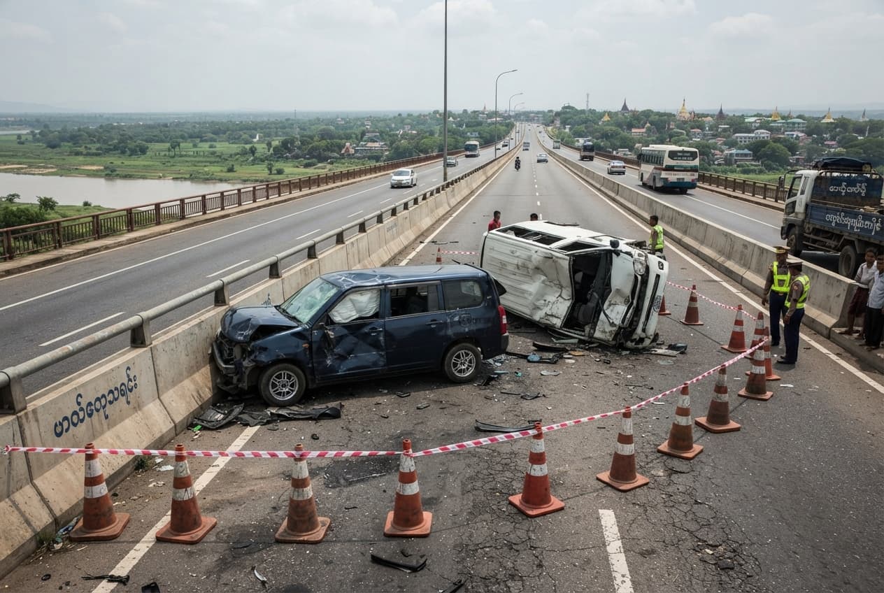 Yangon Mandalay Crash: High Speed Express Bus Smashes Cargo Truck Leaving Two Dead and Fourteen Hurt Yangon Mandalay Crash: High Speed Express Bus Smashes Cargo Truck Leaving Two Dead and Fourteen Hurt