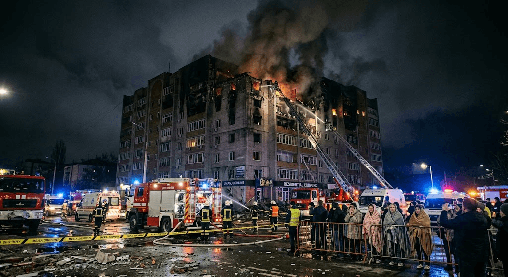 Terror From Above: Russian Drone Strikes Residential High-Rise in Uman, Ukraine Terror From Above: Russian Drone Strikes Residential High-Rise in Uman, Ukraine
