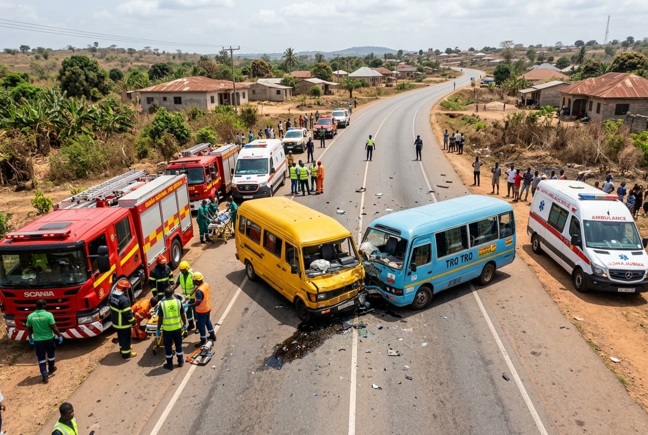 Fatal head-on collision in Greater Accra, Sege-Ada highway crash leaves thirteen dead Fatal head-on collision in Greater Accra, Sege-Ada highway crash leaves thirteen dead