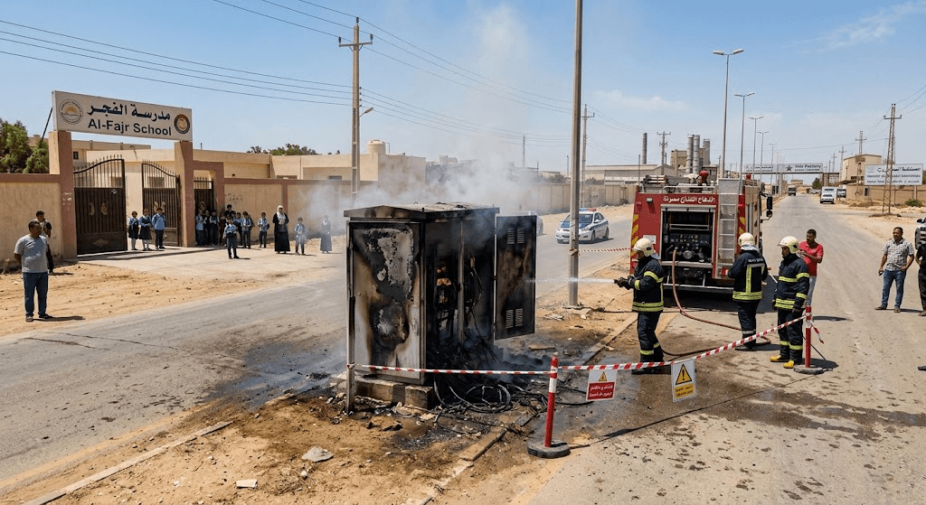 Fire Hazard Near Al-Fajr School: Electrical Cabinet Ignites on Road to Star Factory Fire Hazard Near Al-Fajr School: Electrical Cabinet Ignites on Road to Star Factory