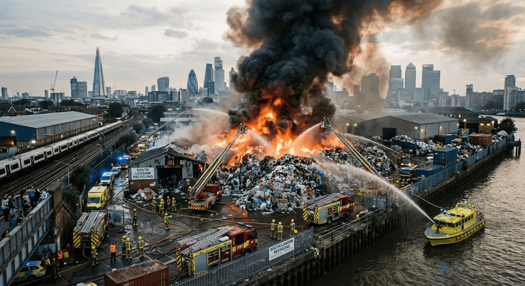 Inferno at Recycling Hub: Massive Fire Sends Plumes of Black Smoke Over London Inferno at Recycling Hub: Massive Fire Sends Plumes of Black Smoke Over London