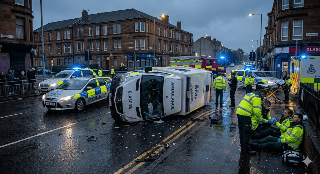 Tragedy in Glasgow: Patient Dies and Three Medics Injured After Ambulance Overturns Tragedy in Glasgow: Patient Dies and Three Medics Injured After Ambulance Overturns