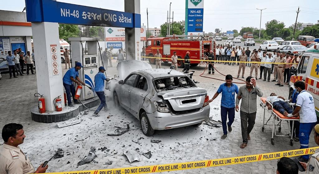 Panic on NH-48: Car Explodes During Refueling at Karjan CNG Station, 2 Injured Panic on NH-48: Car Explodes During Refueling at Karjan CNG Station, 2 Injured